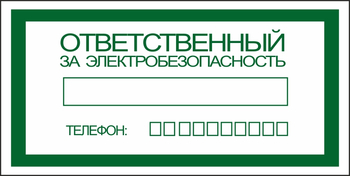 S25 ответственный за электробезопасность (пластик, 200х100 мм) - Знаки безопасности - Вспомогательные таблички - . Магазин Znakstend.ru