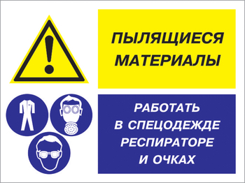 Кз 87 пылящиеся материалы - работать в спецодежде, респираторе и очках. (пластик, 600х400 мм) - Знаки безопасности - Комбинированные знаки безопасности - . Магазин Znakstend.ru